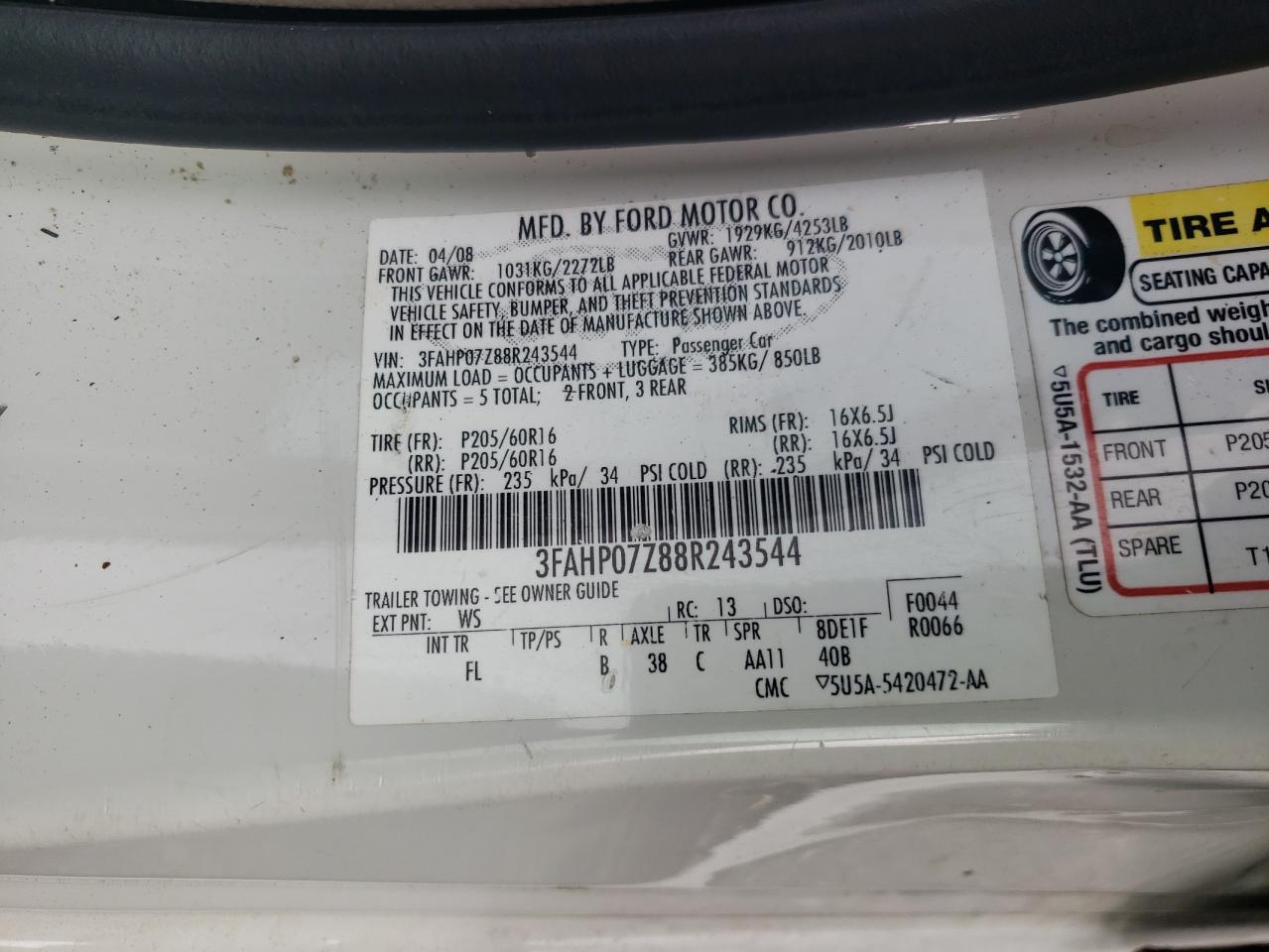 3FAHP07Z88R243544 2008 Ford Fusion Se