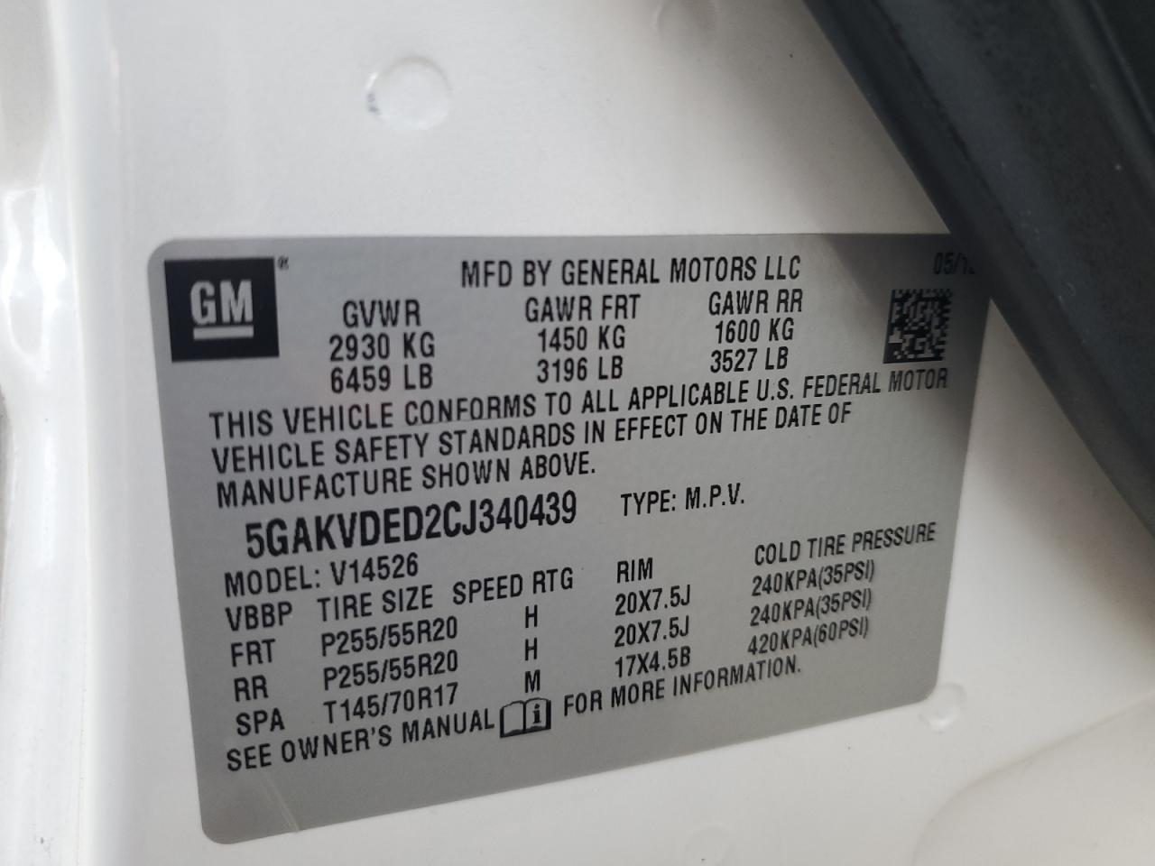 2012 Buick Enclave vin: 5GAKVDED2CJ340439