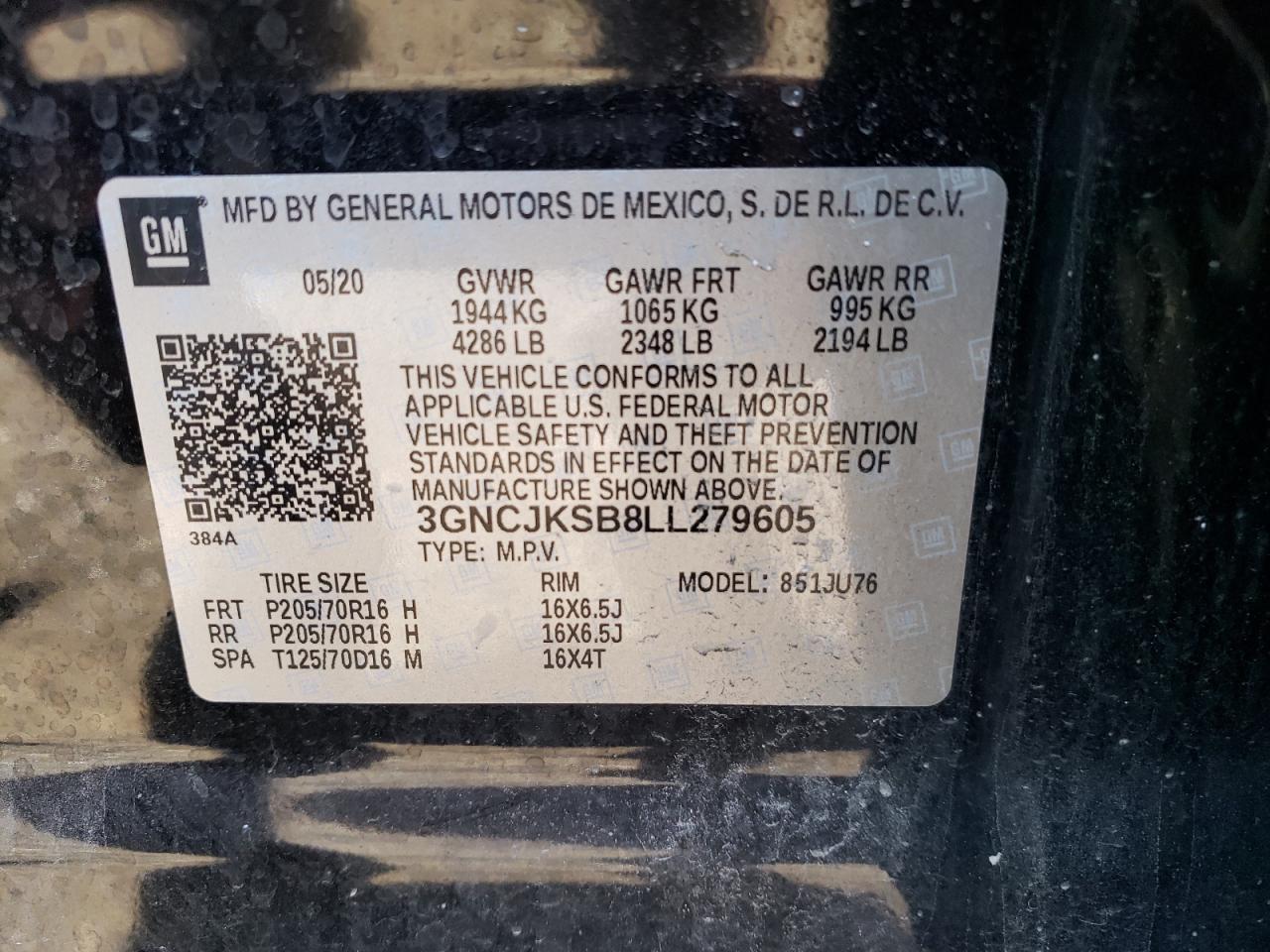 3GNCJKSB8LL279605 CHEVROLET TRAX 2020