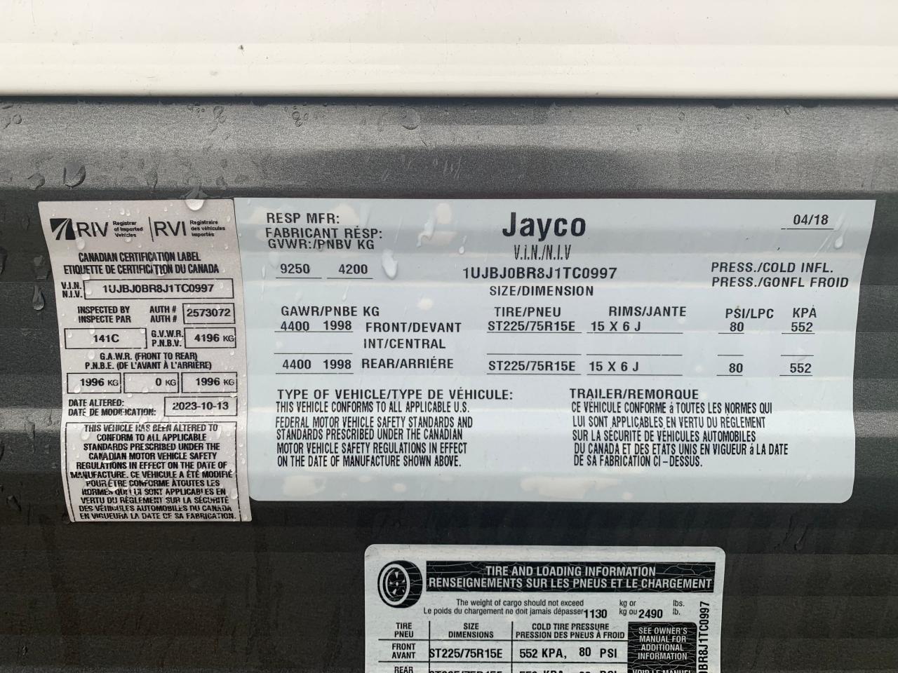 VIN: 1UJBJ0BR8J1TC0997 2018 JAYCO ALL Models