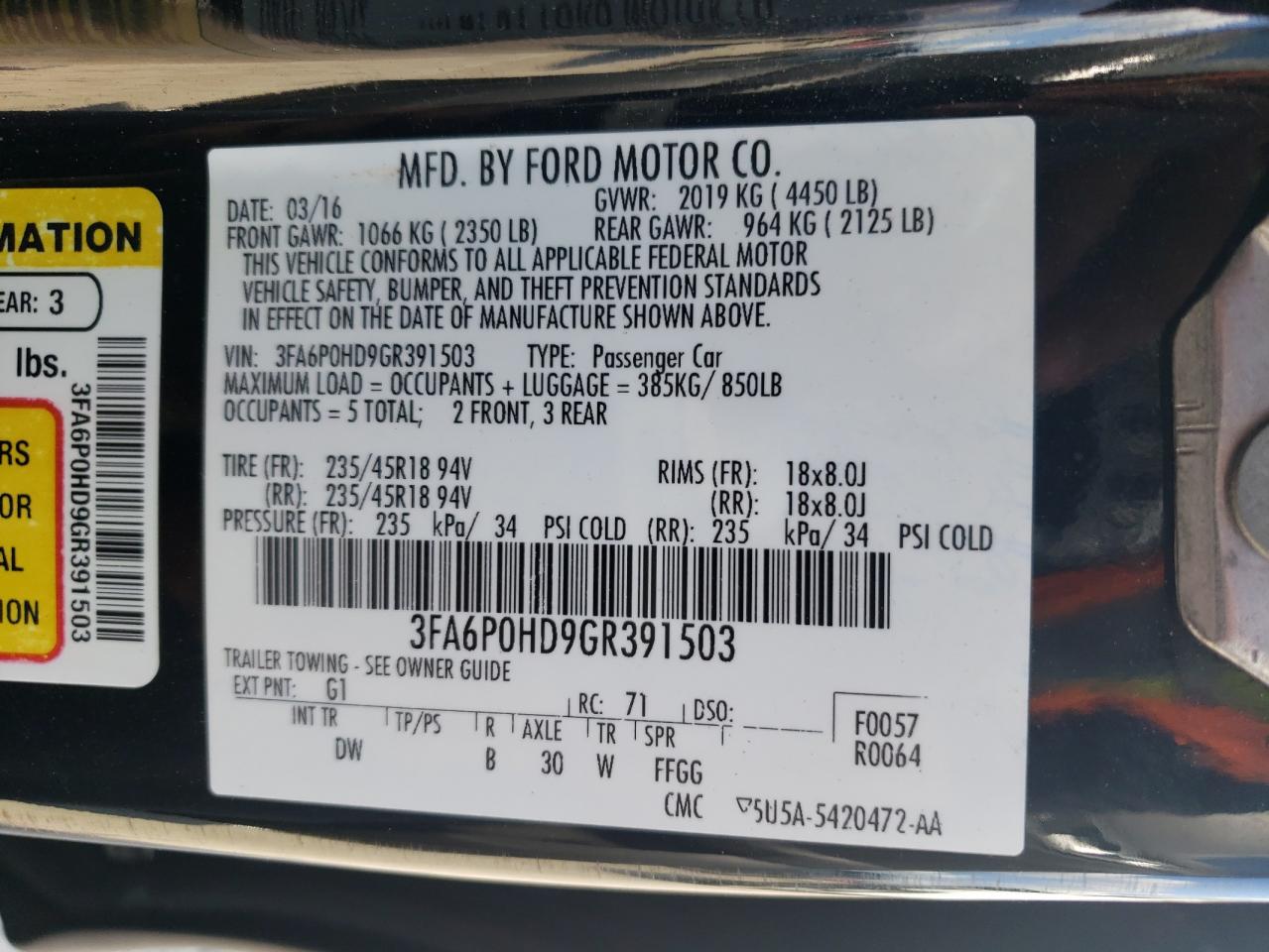3FA6P0HD9GR391503 FORD FUSION 2016