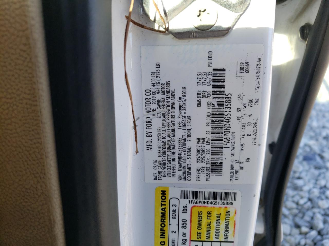 1FA6P0HD4G5135885 FORD FUSION 2016