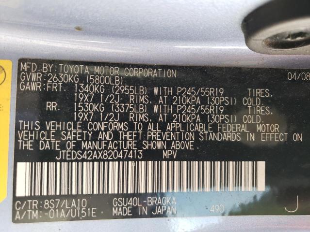 2008 Toyota Highlander Limited VIN: JTEDS42AX82047413 Lot: 70309973