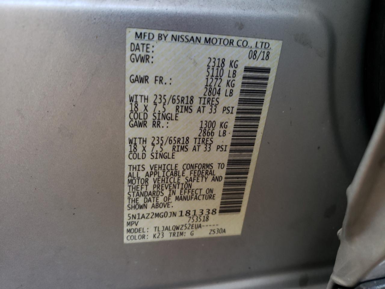 5N1AZ2MG0JN181338 NISSAN MURANO 2018