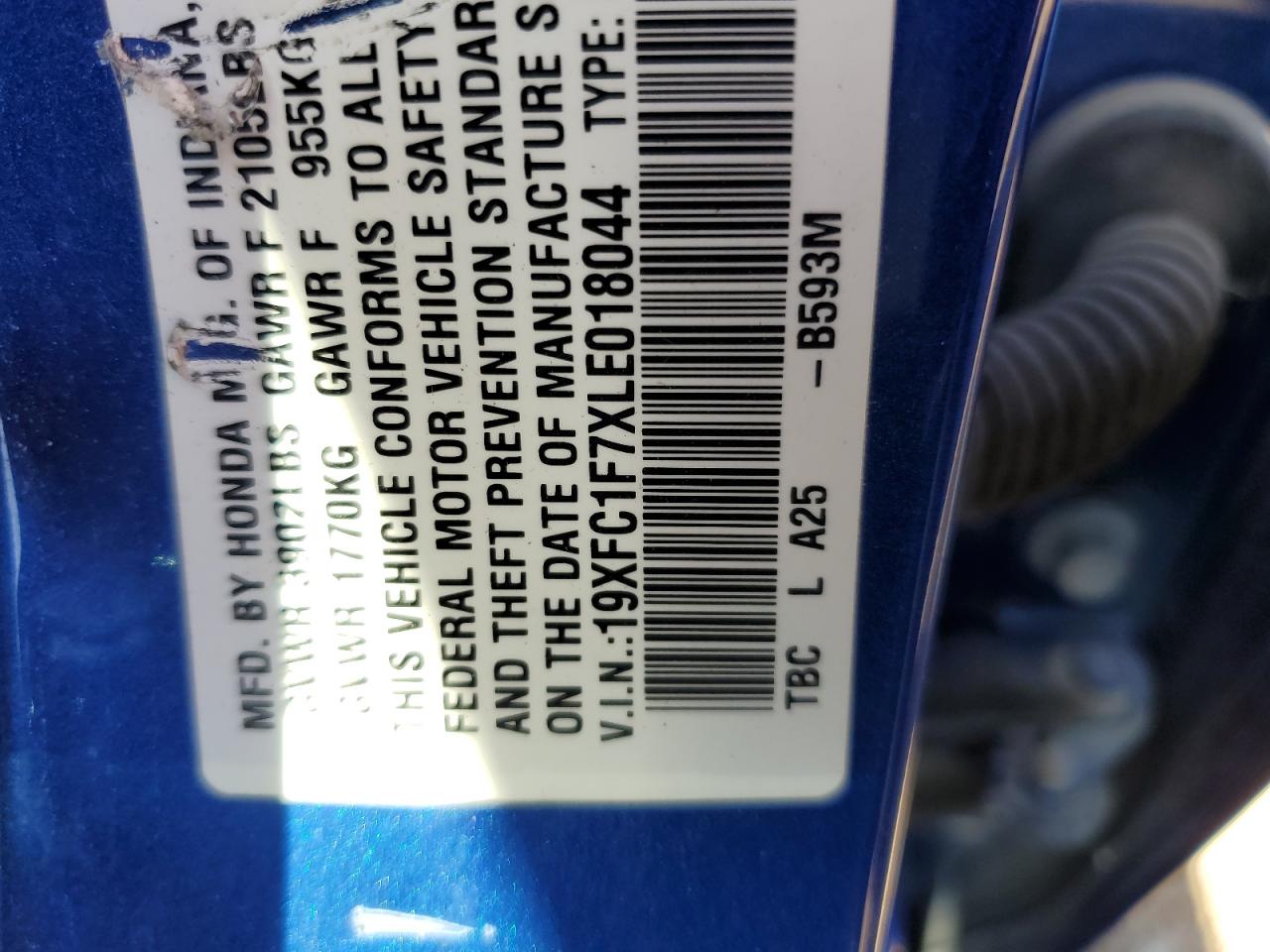 19XFC1F7XLE018044 HONDA CIVIC 2020