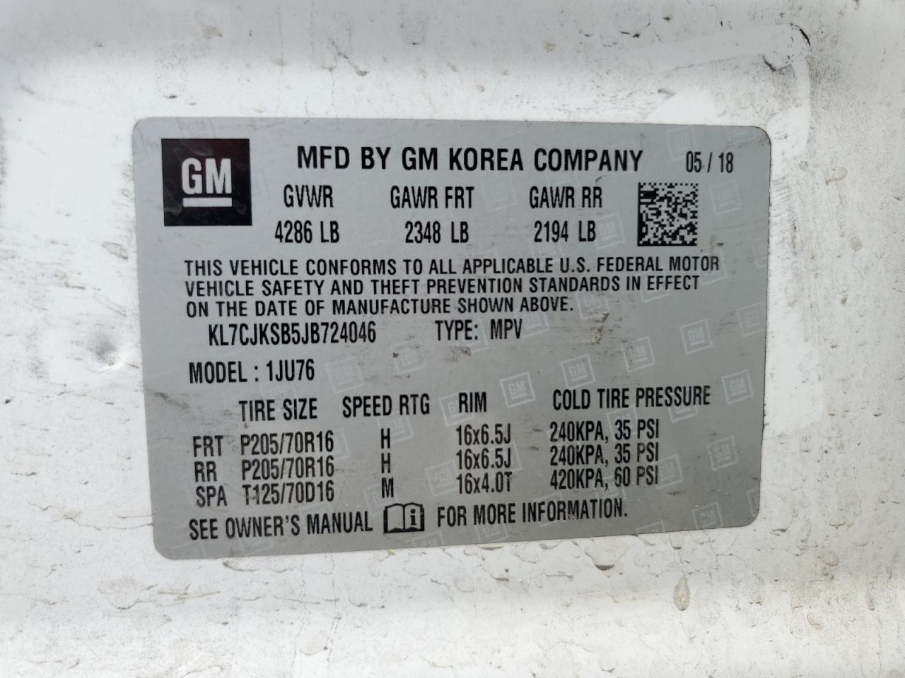 KL7CJKSB5JB724046 CHEVROLET TRAX 2018