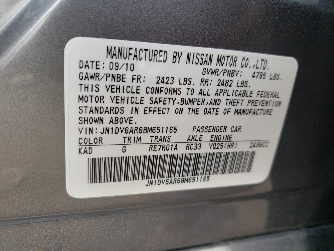 jn1dv6ar6bm651165 JN1DV6AR6BM651165 2011 Infiniti G25