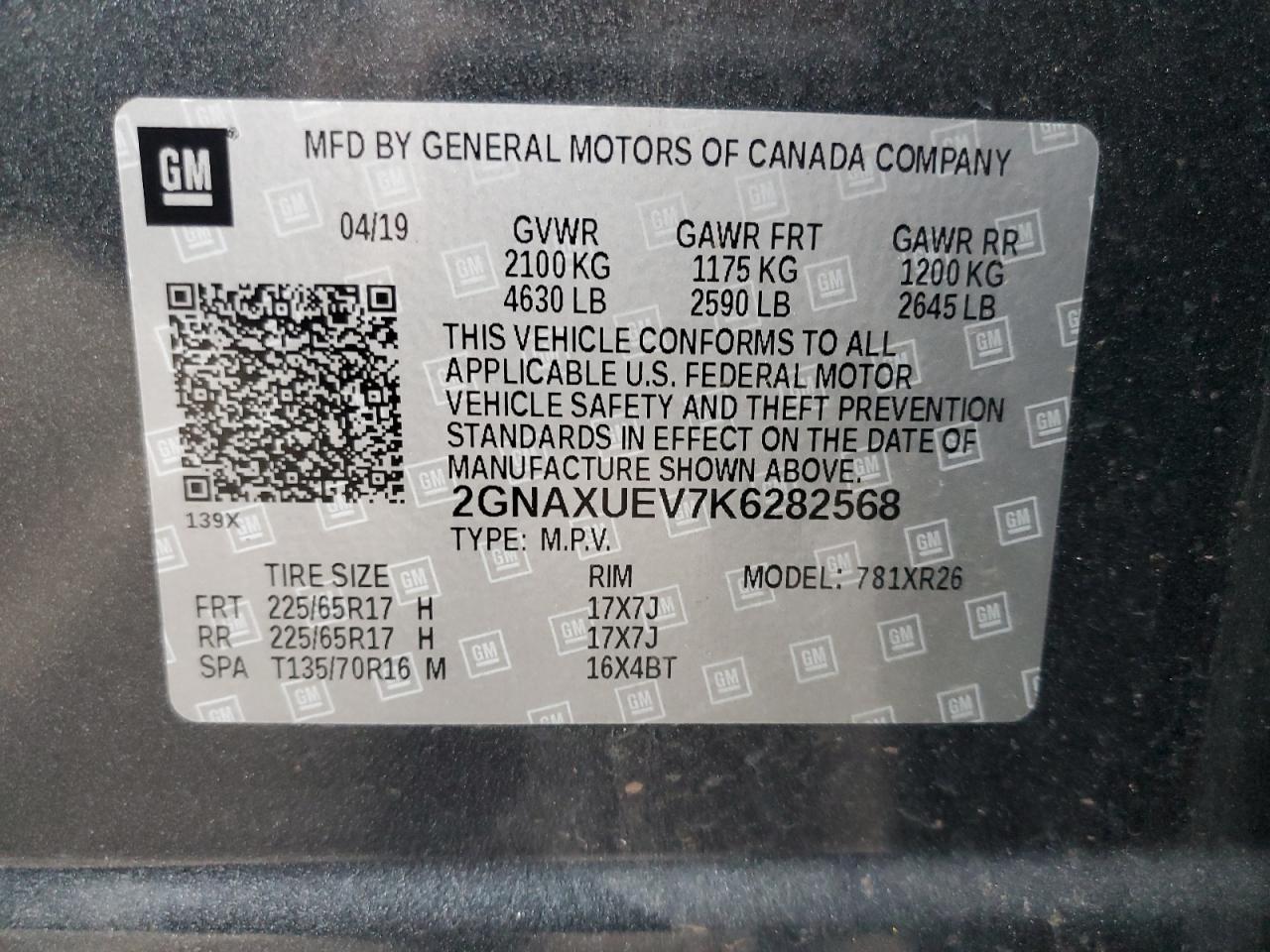 2GNAXUEV7K6282568 CHEVROLET EQUINOX 2019