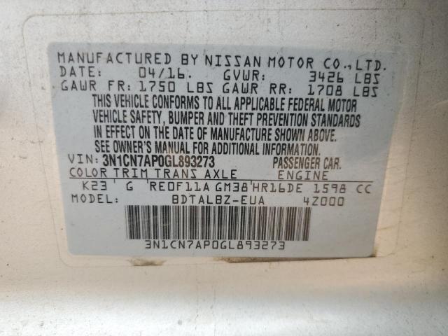 3N1CN7AP0GL893273 Nissan VERSA S