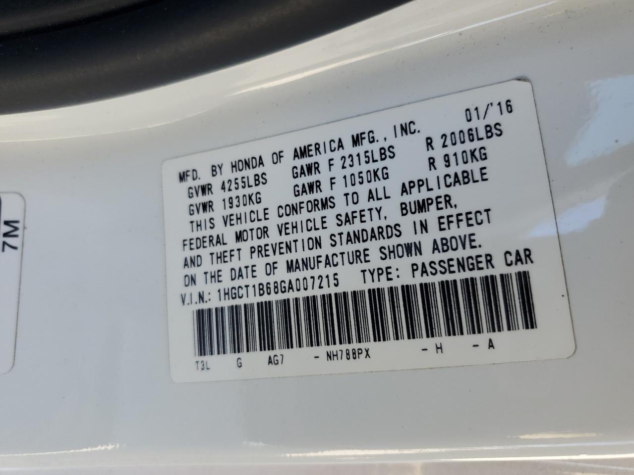 1HGCT1B68GA007215 HONDA ACCORD 2016
