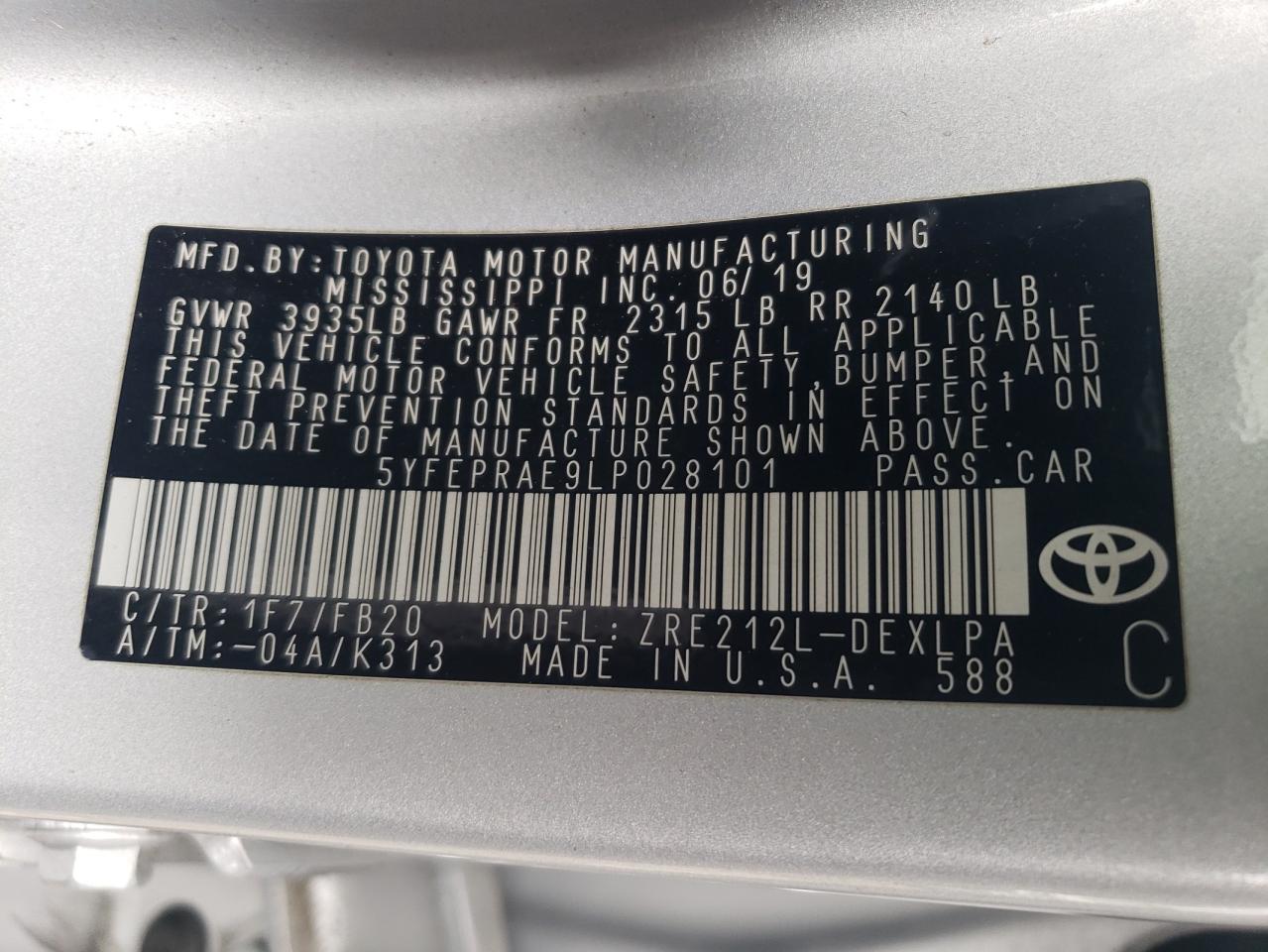 5YFEPRAE9LP028101 TOYOTA COROLLA 2020