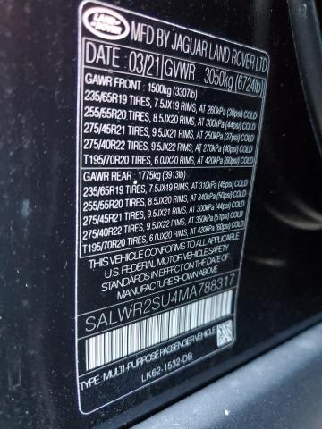 SALWR2SU4MA788317 | 2021 LAND ROVER RANGE ROVE