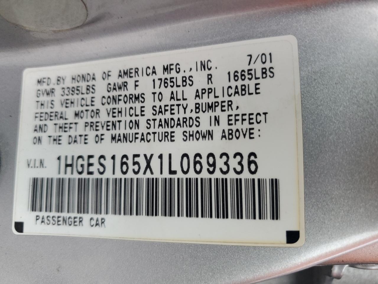 1HGES165X1L069336 2001 Honda Civic Lx