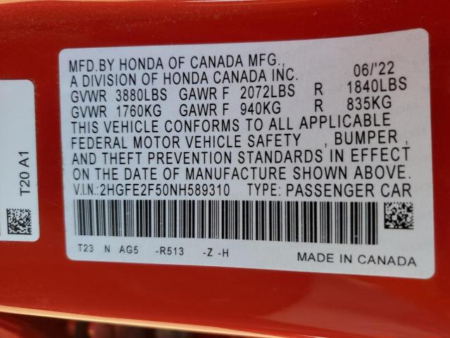 2HGFE2F50NH589310 Honda Civic Sport