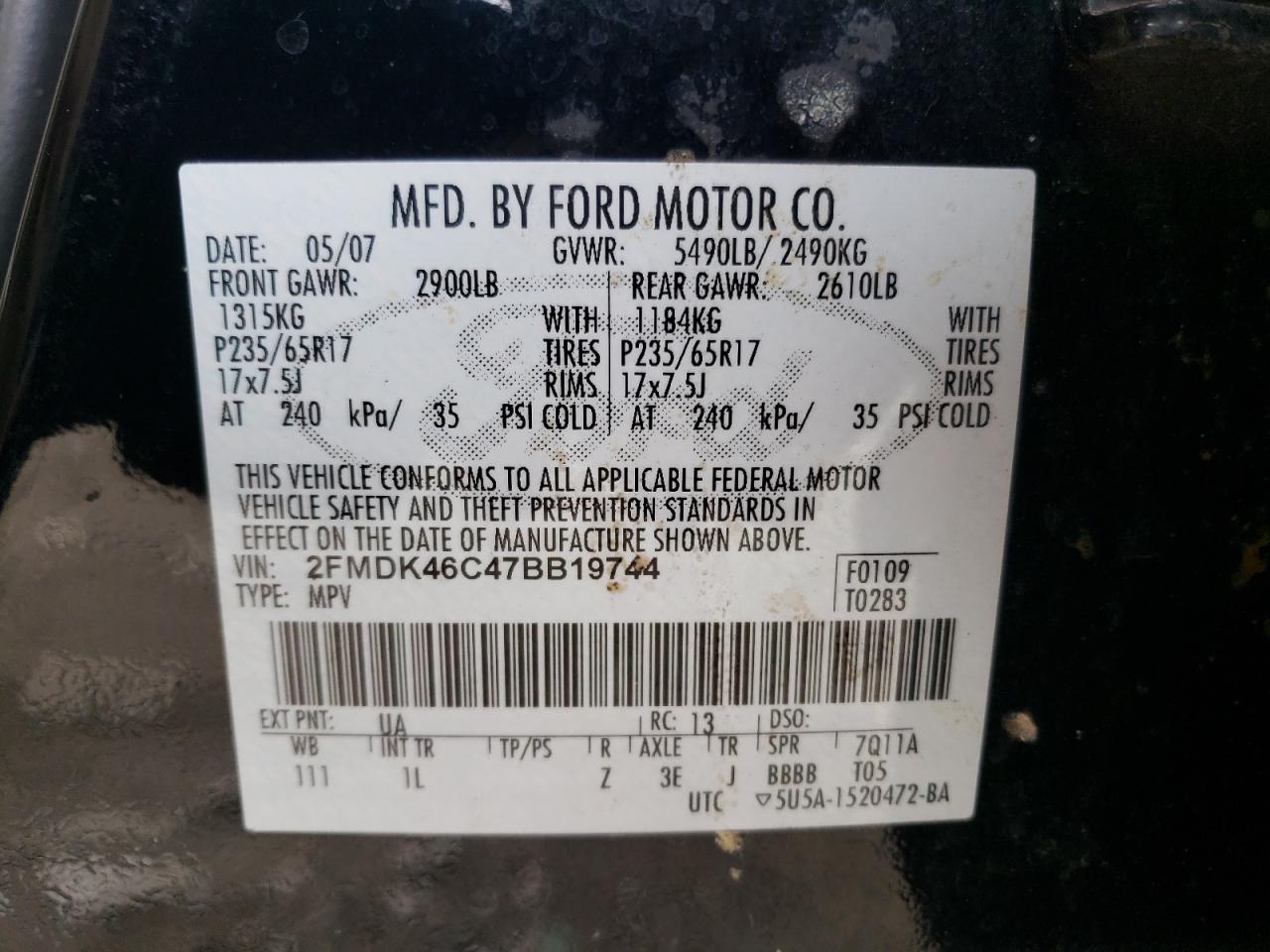 2FMDK46C47BB19744 2007 Ford Edge Se