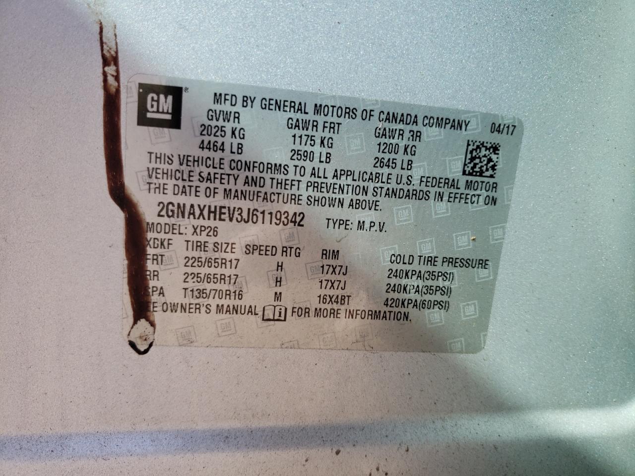 2GNAXHEV3J6119342 CHEVROLET EQUINOX 2018