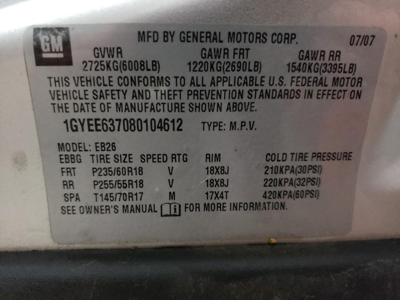 1gyee637080104612 1GYEE637080104612 2008 Cadillac Srx