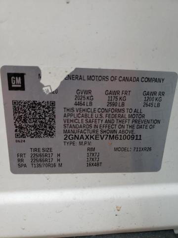 2GNAXKEV7M6100911 | 2021 CHEVROLET EQUINOX LT