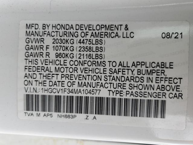 1HGCV1F34MA104577 | 2021 HONDA ACCORD SPO