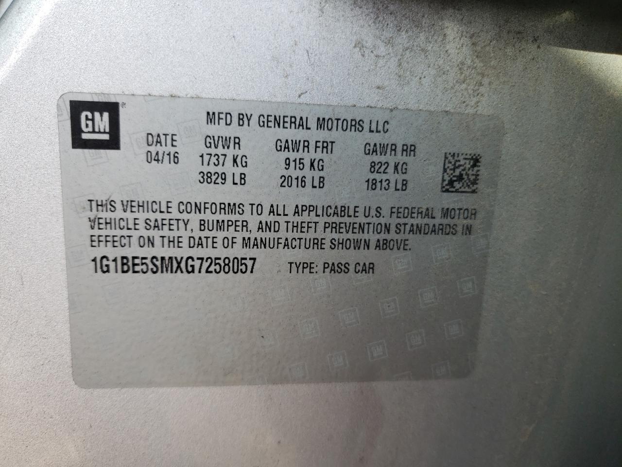 1G1BE5SMXG7258057 CHEVROLET CRUZE 2016
