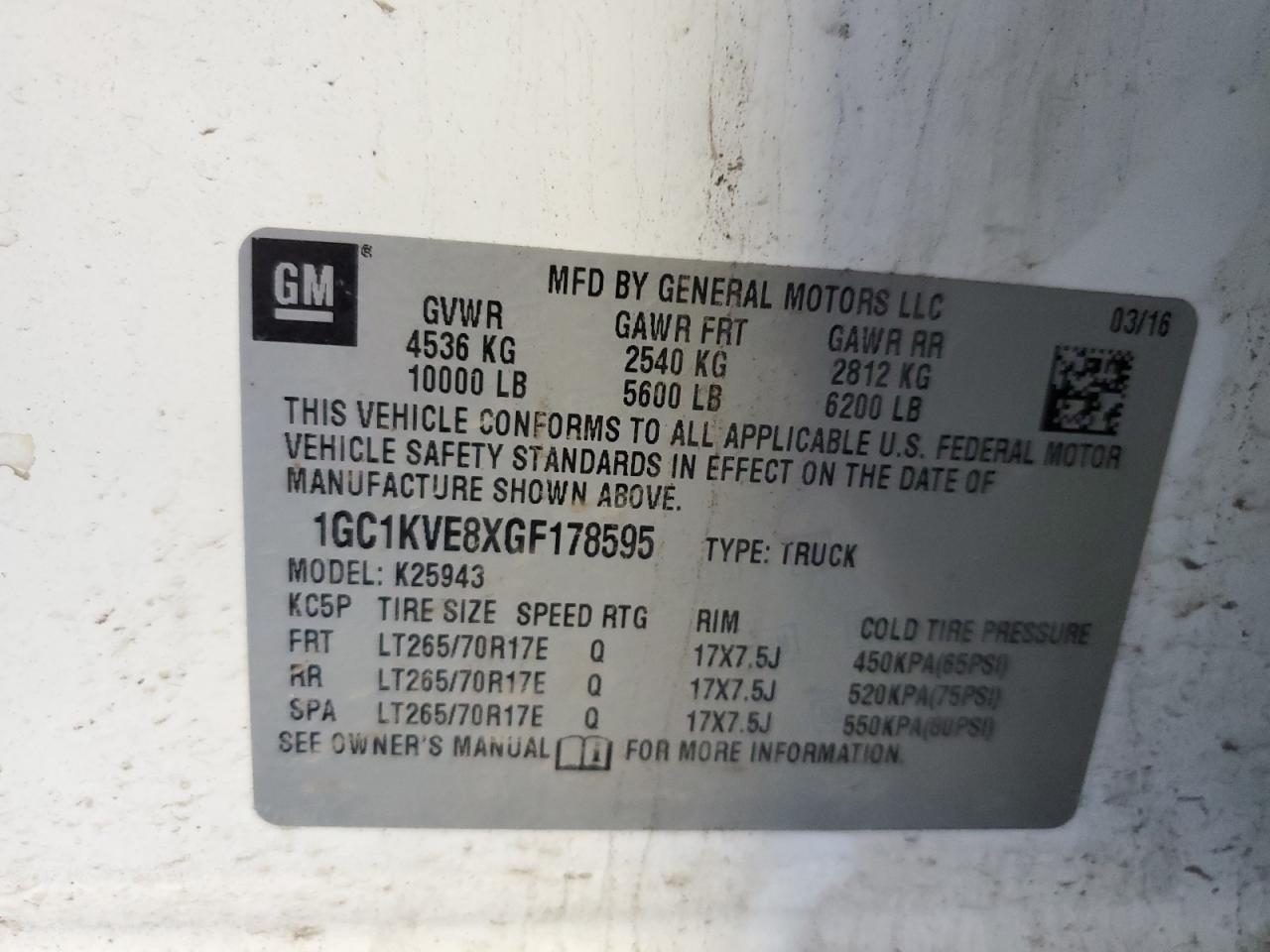 1GC1KVE8XGF178595 CHEVROLET ALL Models 2016