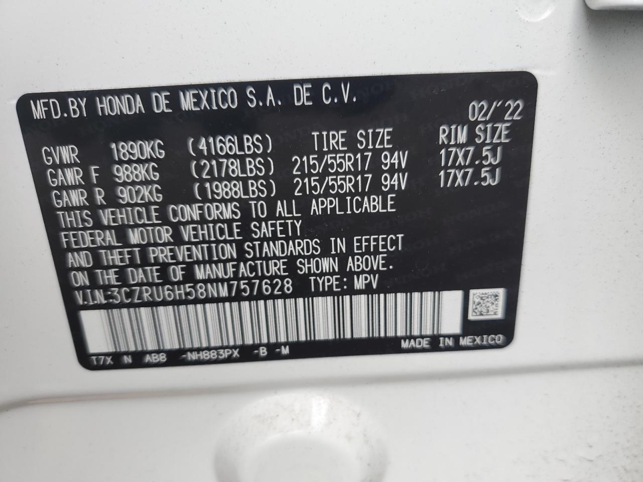 3CZRU6H58NM757628 HONDA HR-V 2022