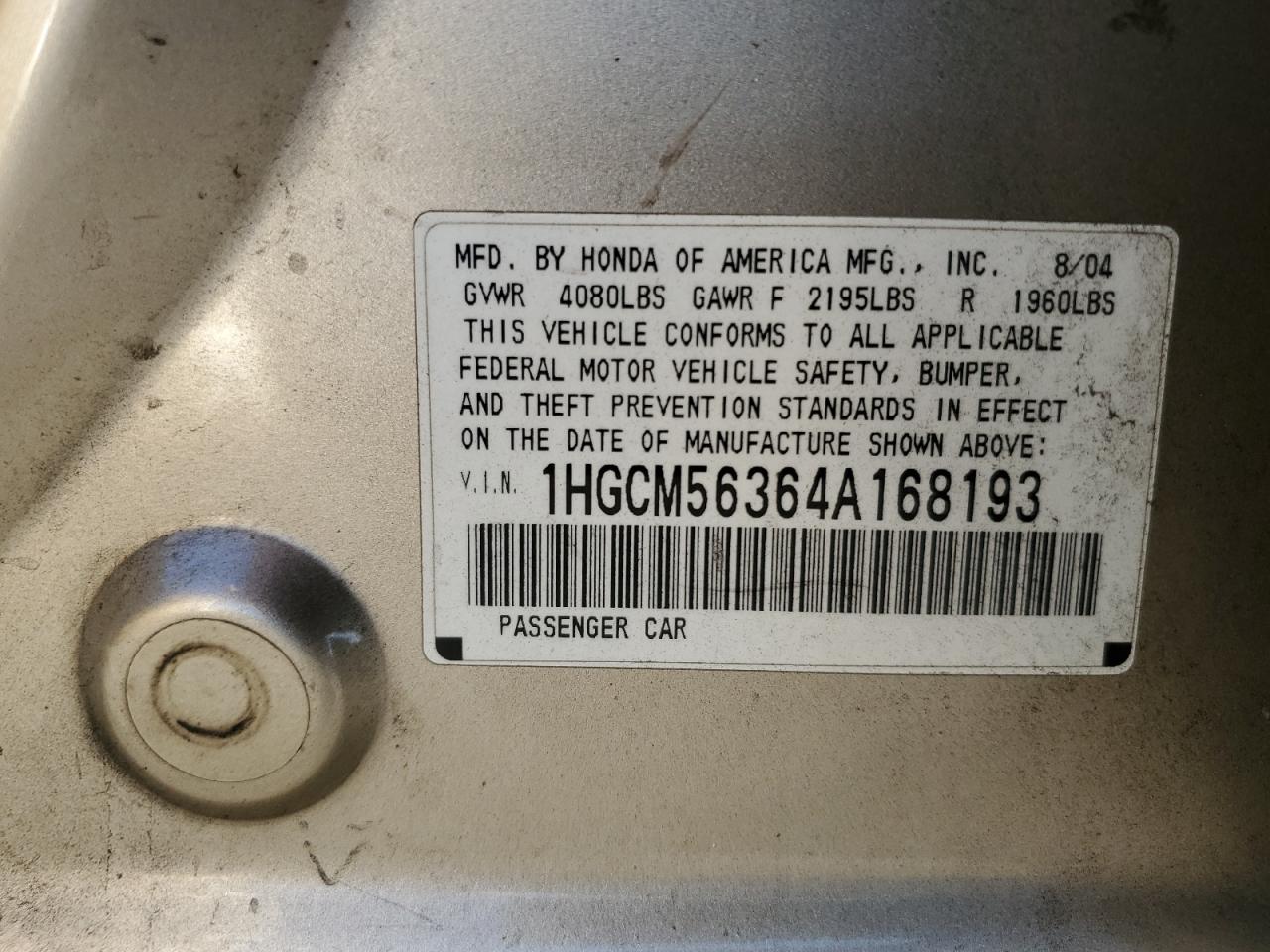 1HGCM56364A168193 2004 Honda Accord Lx