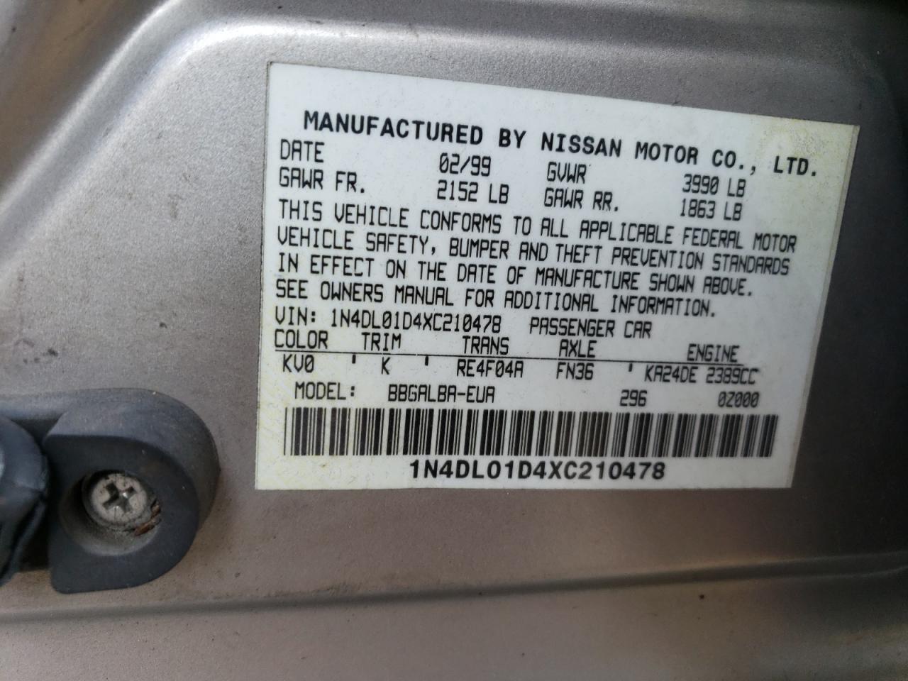 1N4DL01D4XC210478 1999 Nissan Altima Xe