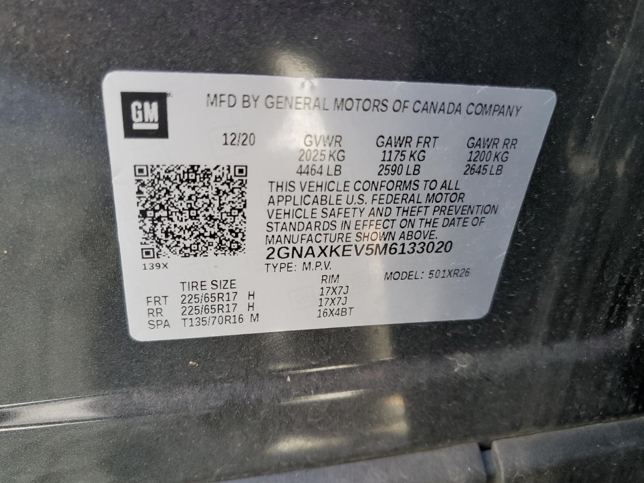2GNAXKEV5M6133020 CHEVROLET EQUINOX 2021