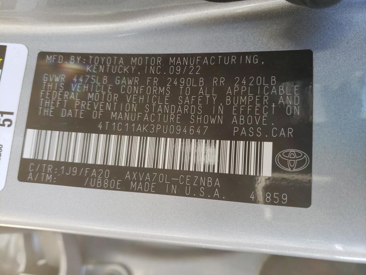 4T1C11AK3PU094647 TOYOTA CAMRY 2023