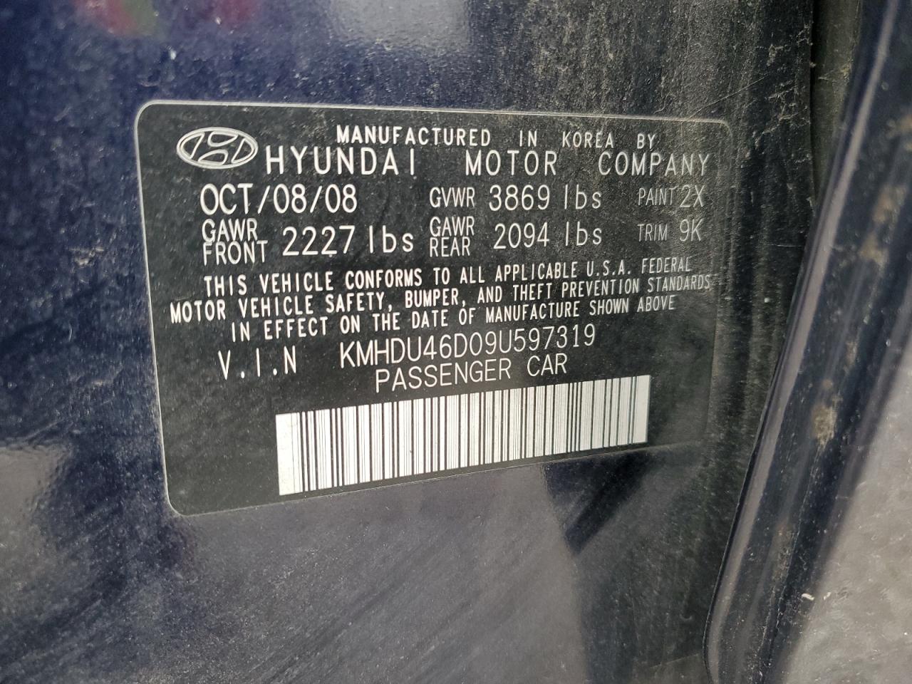 KMHDU46D09U597319 2009 Hyundai Elantra Gls