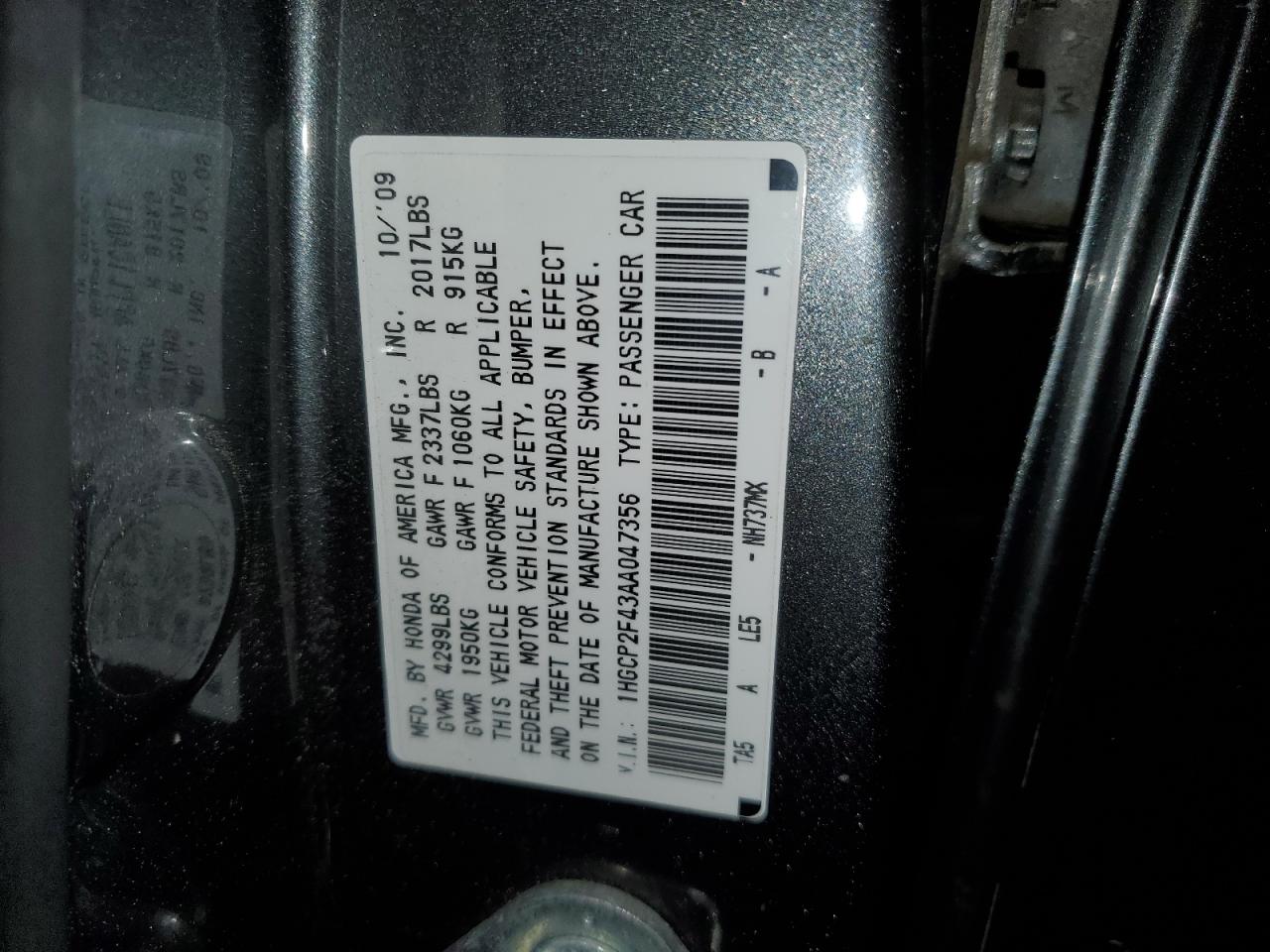 1HGCP2F43AA047356 2010 Honda Accord Lxp