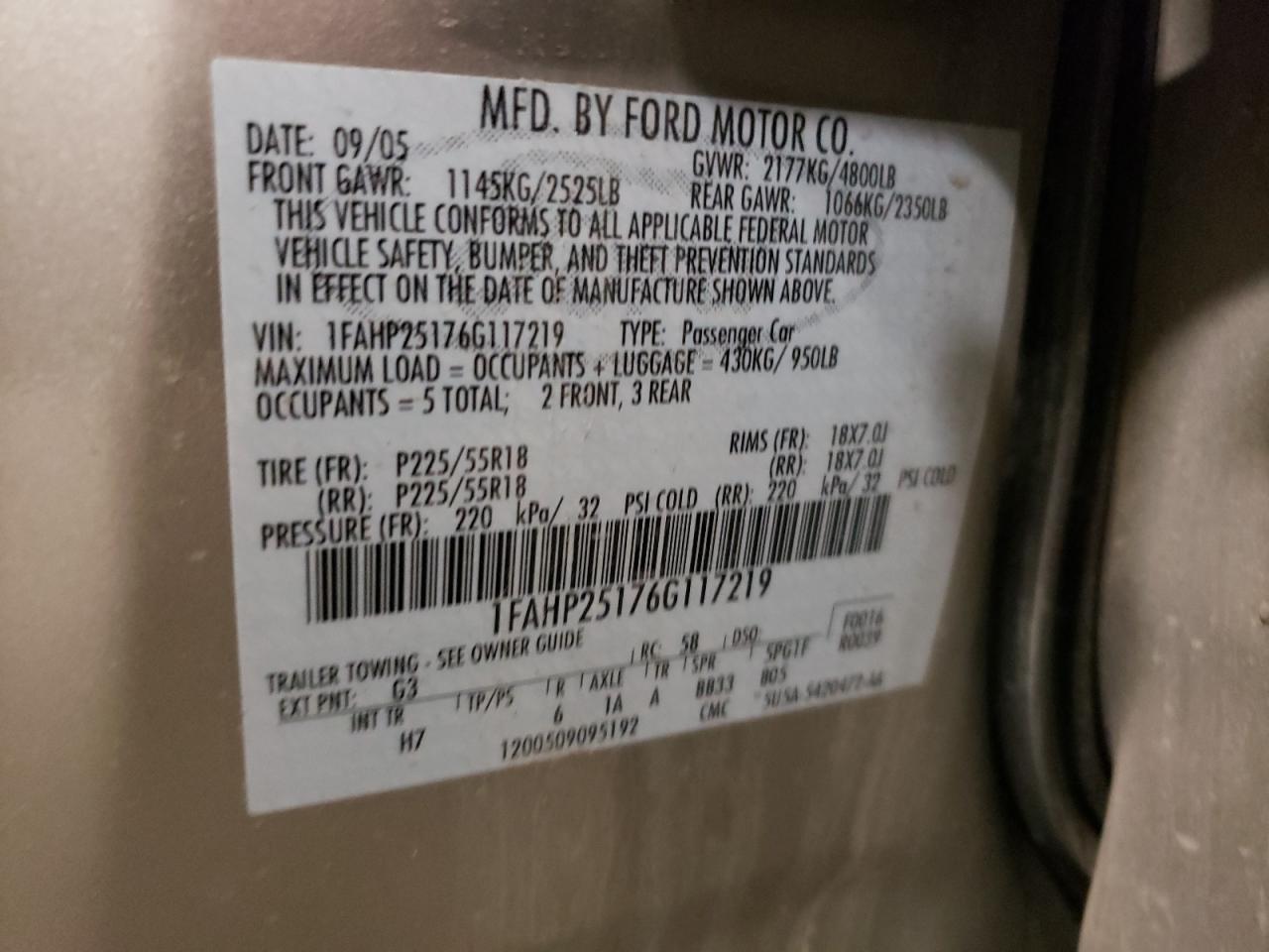 1fahp25176g117219 1FAHP25176G117219 2006 Ford Five Hundred Limited
