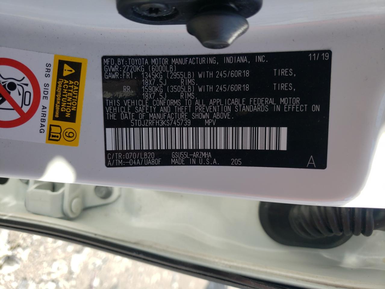 5TDJZRFH3KS745739 TOYOTA HIGHLANDER 2019