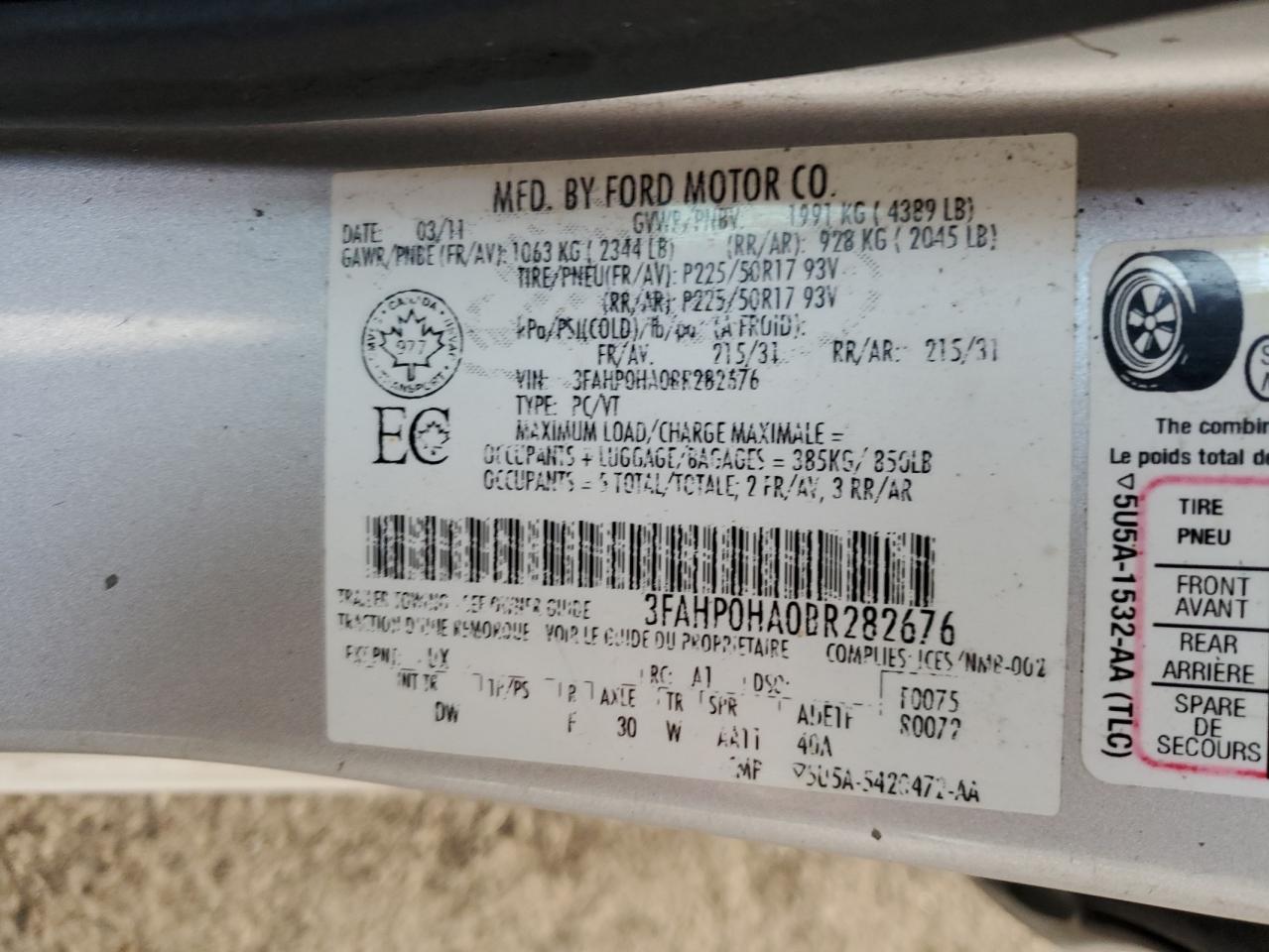 3FAHP0HA0BR282676 2011 Ford Fusion Se