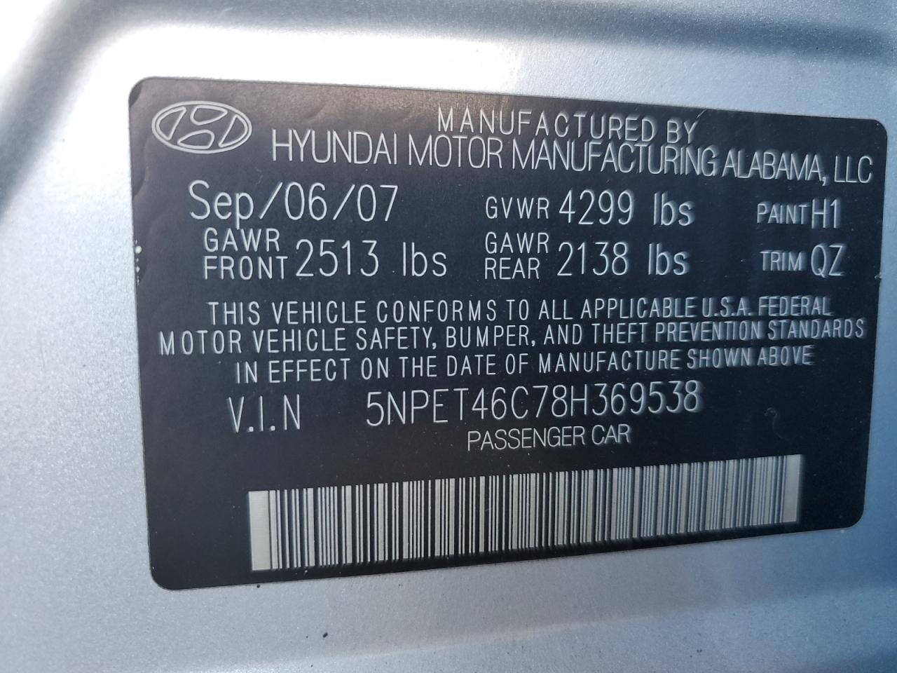 5NPET46C78H369538 2008 Hyundai Sonata Gls