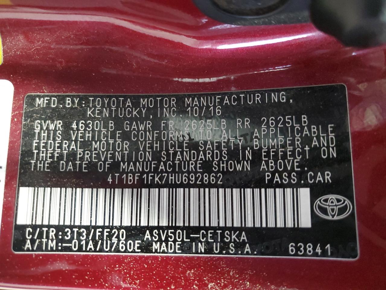 4T1BF1FK7HU692862 TOYOTA CAMRY 2017