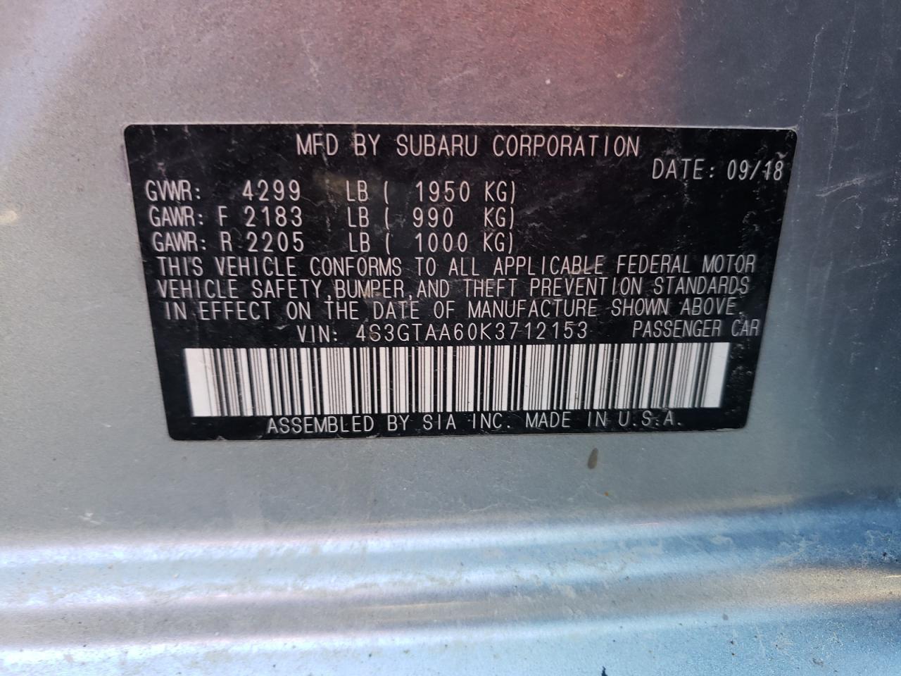 VIN: 4S3GTAA60K3712153 2019 SUBARU IMPREZA