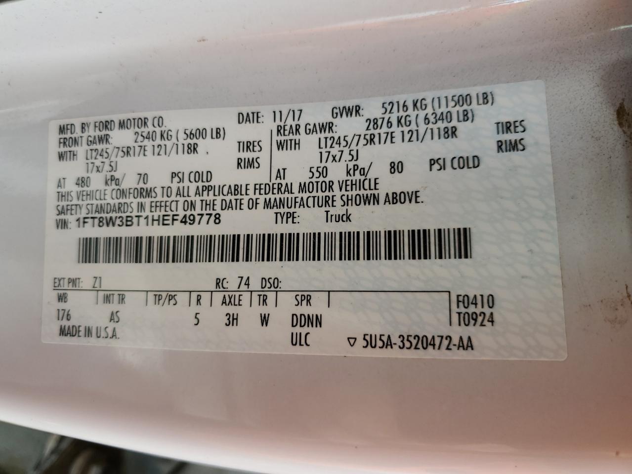 1FT8W3BT1HEF49778 FORD F350 2017