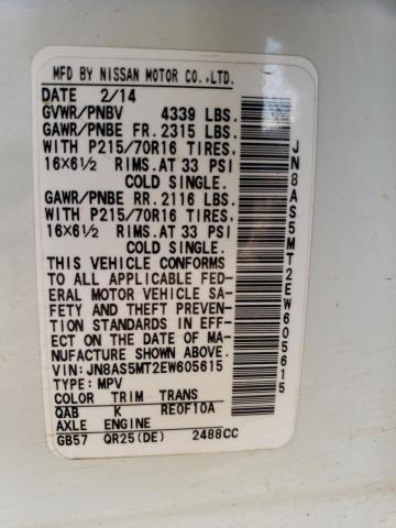 JN8AS5MT2EW605615 Nissan Rogue Select S