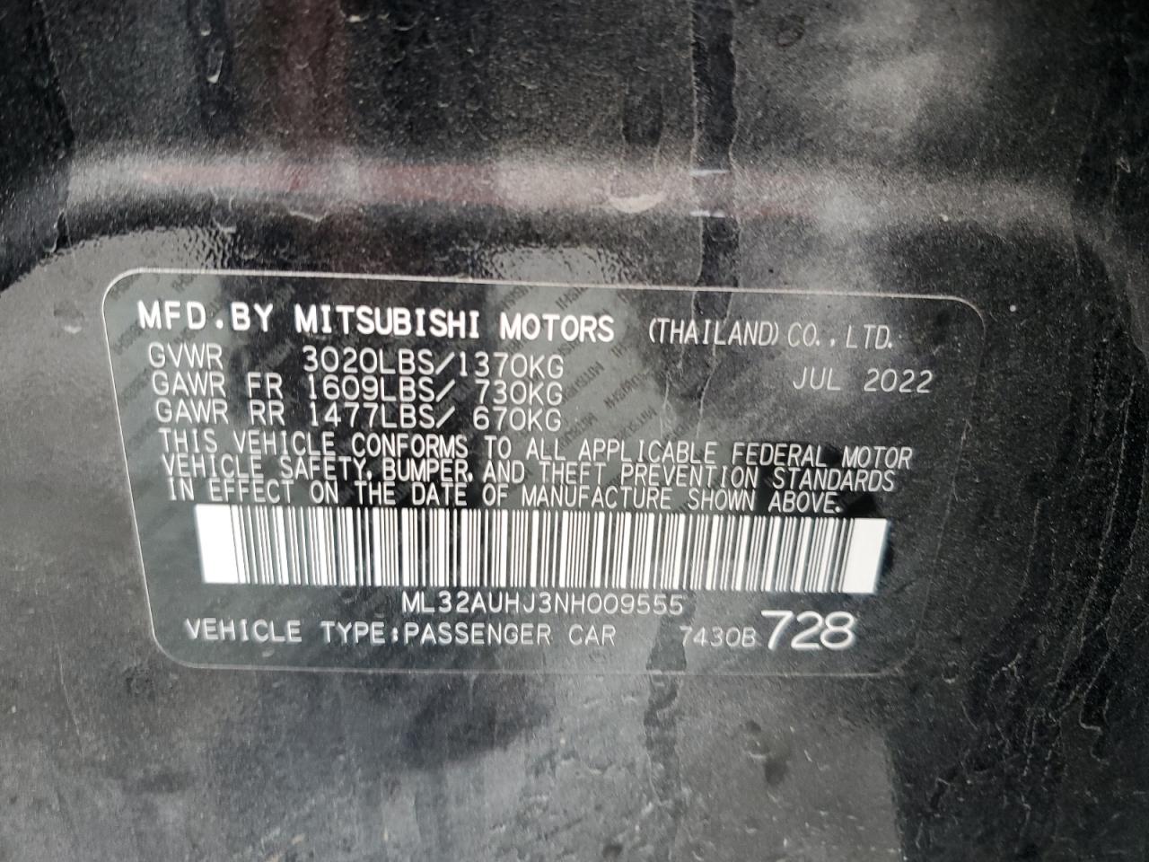 ML32AUHJ3NH009555 2022 Mitsubishi Mirage Es