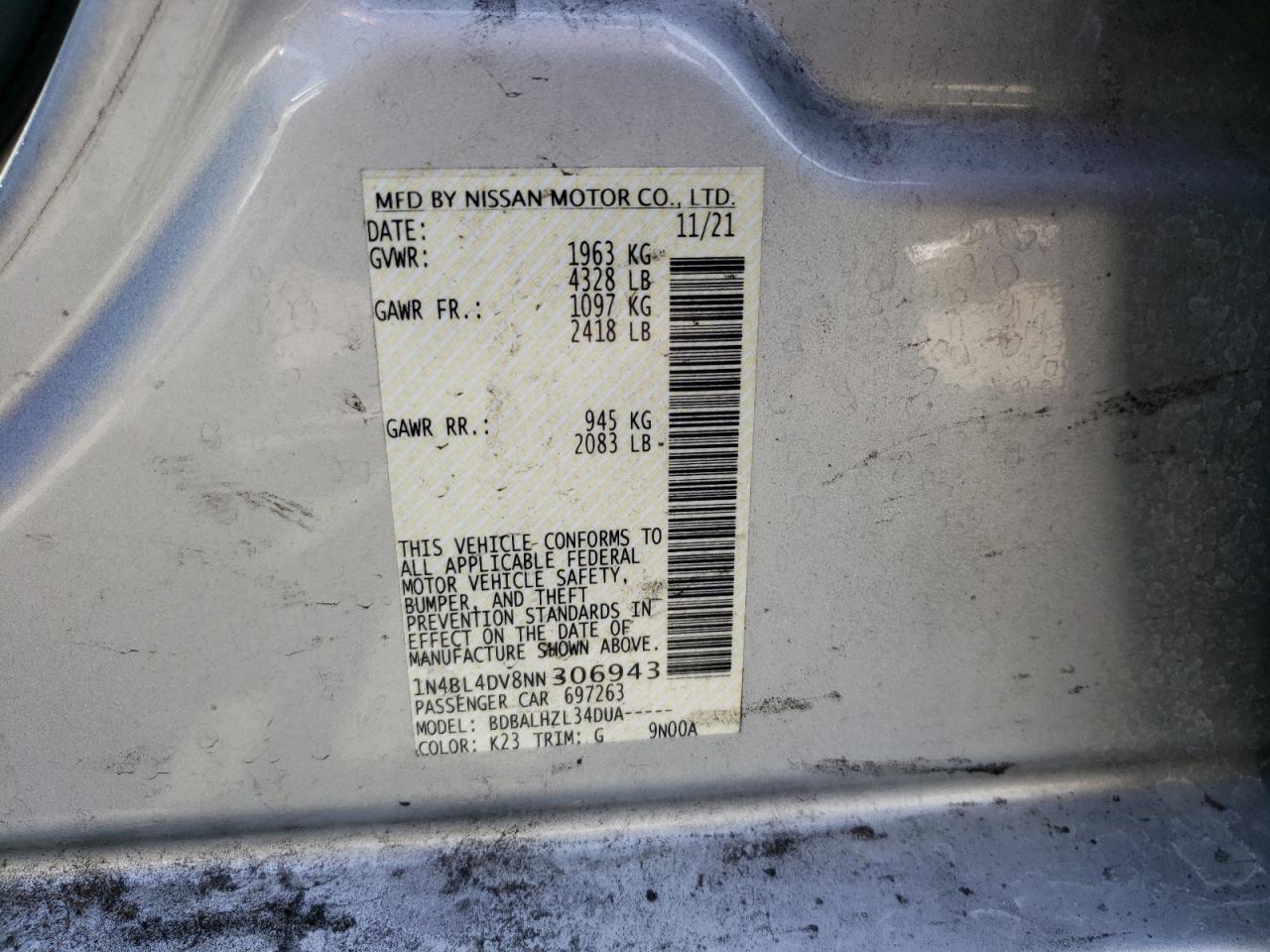 1N4BL4DV8NN306943 NISSAN ALTIMA 2022