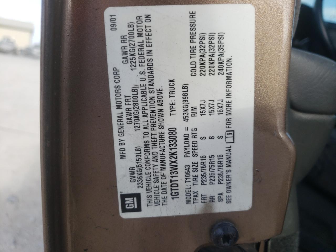 1GTDT13WX2K133080 2002 GMC Sonoma