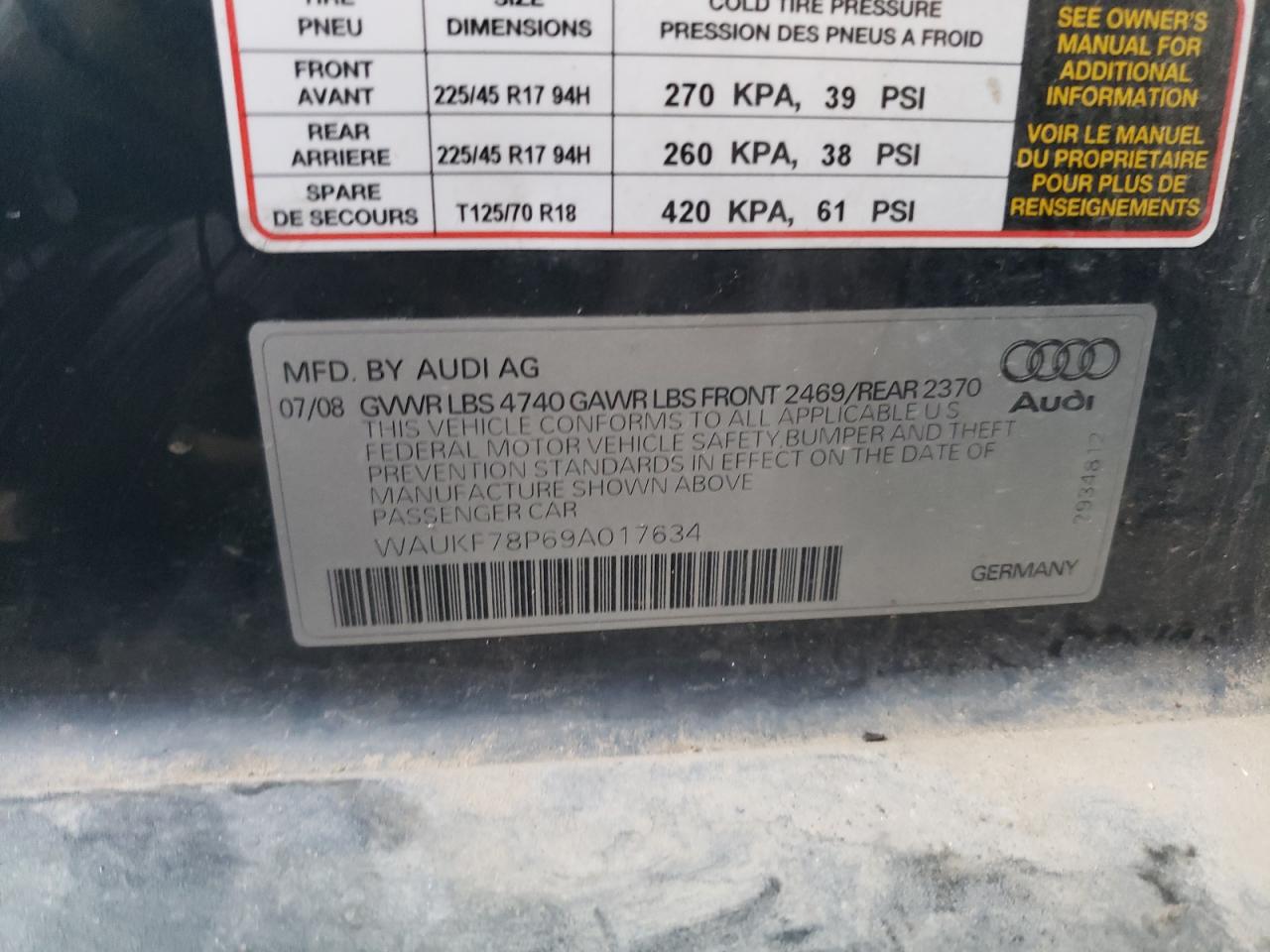 waukf78p69a017634 WAUKF78P69A017634 2009 Audi A3 2.0T Quattro