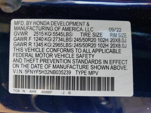 2022 HONDA PILOT SPOR - 5FNYF5H32NB035239