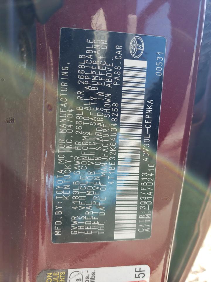 4T1BE32K64U348258 2004 Toyota Camry Le