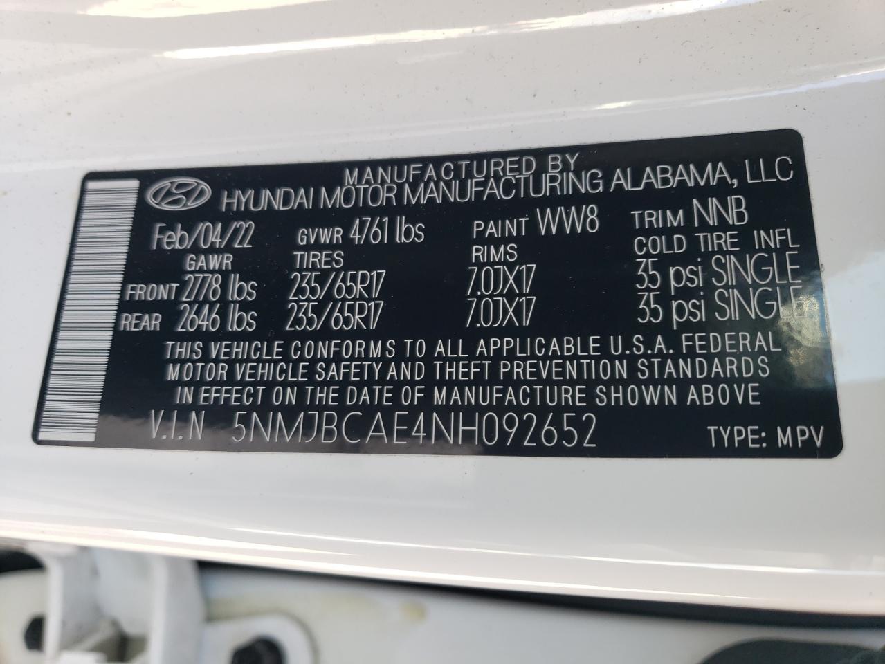 5NMJBCAE4NH092652 2022 Hyundai Tucson Sel