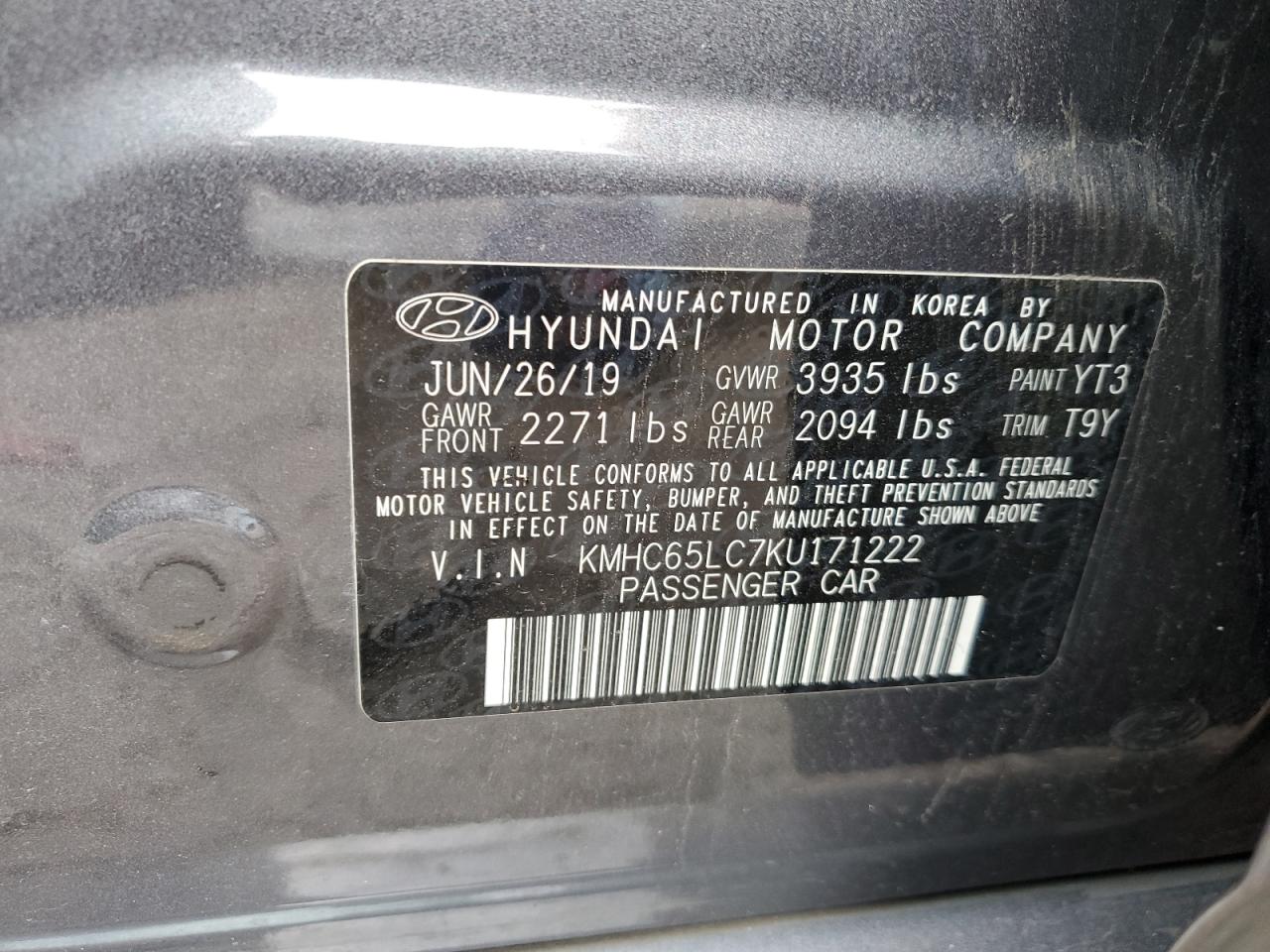 KMHC65LC7KU171222 2019 Hyundai Ioniq Blue