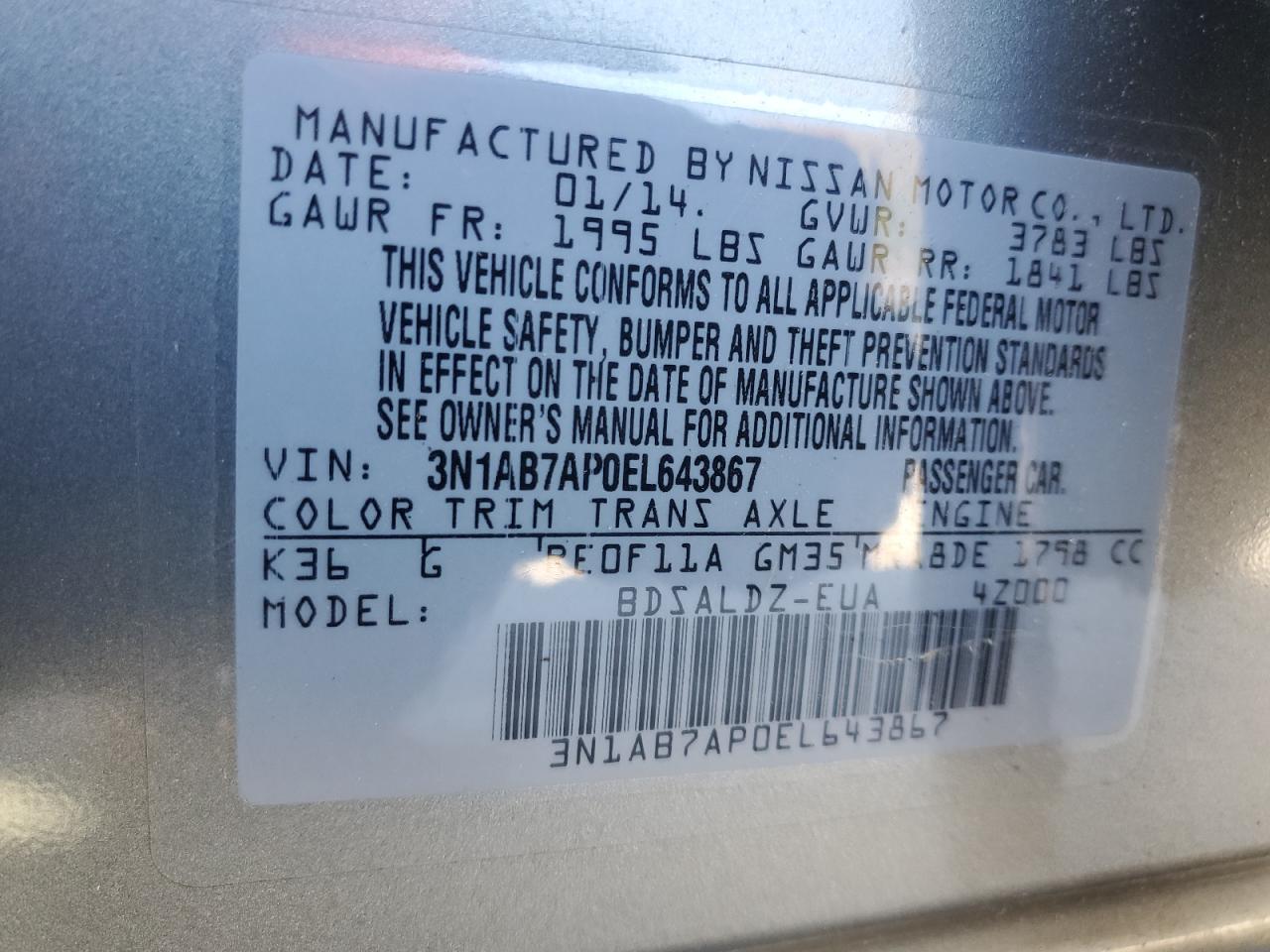 3N1AB7AP0EL643867 2014 Nissan Sentra S