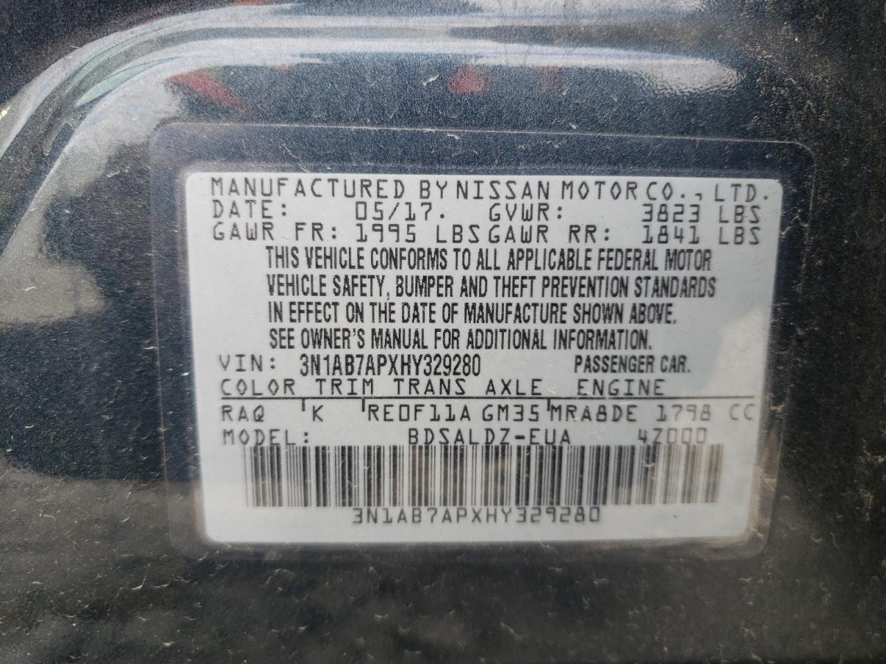2017 Nissan Sentra S 1.8L(VIN: 3N1AB7APXHY329280